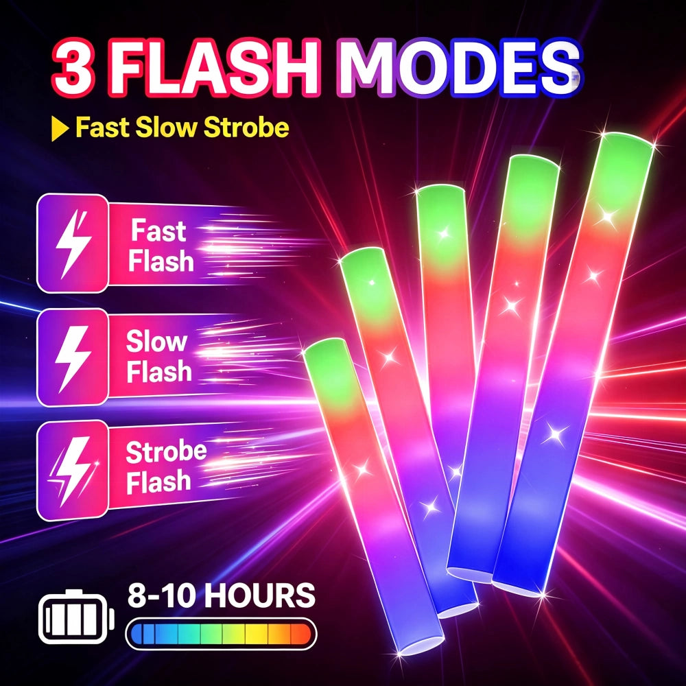 3‑mode LED foam glow sticks for party, 8‑10 hours runtime