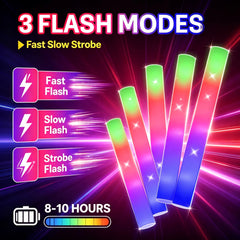 3‑mode LED foam glow sticks for party, 8‑10 hours runtime