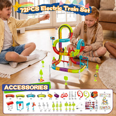 A children's 72-piece electric train set displayed in a living room with two kids playing on the floor