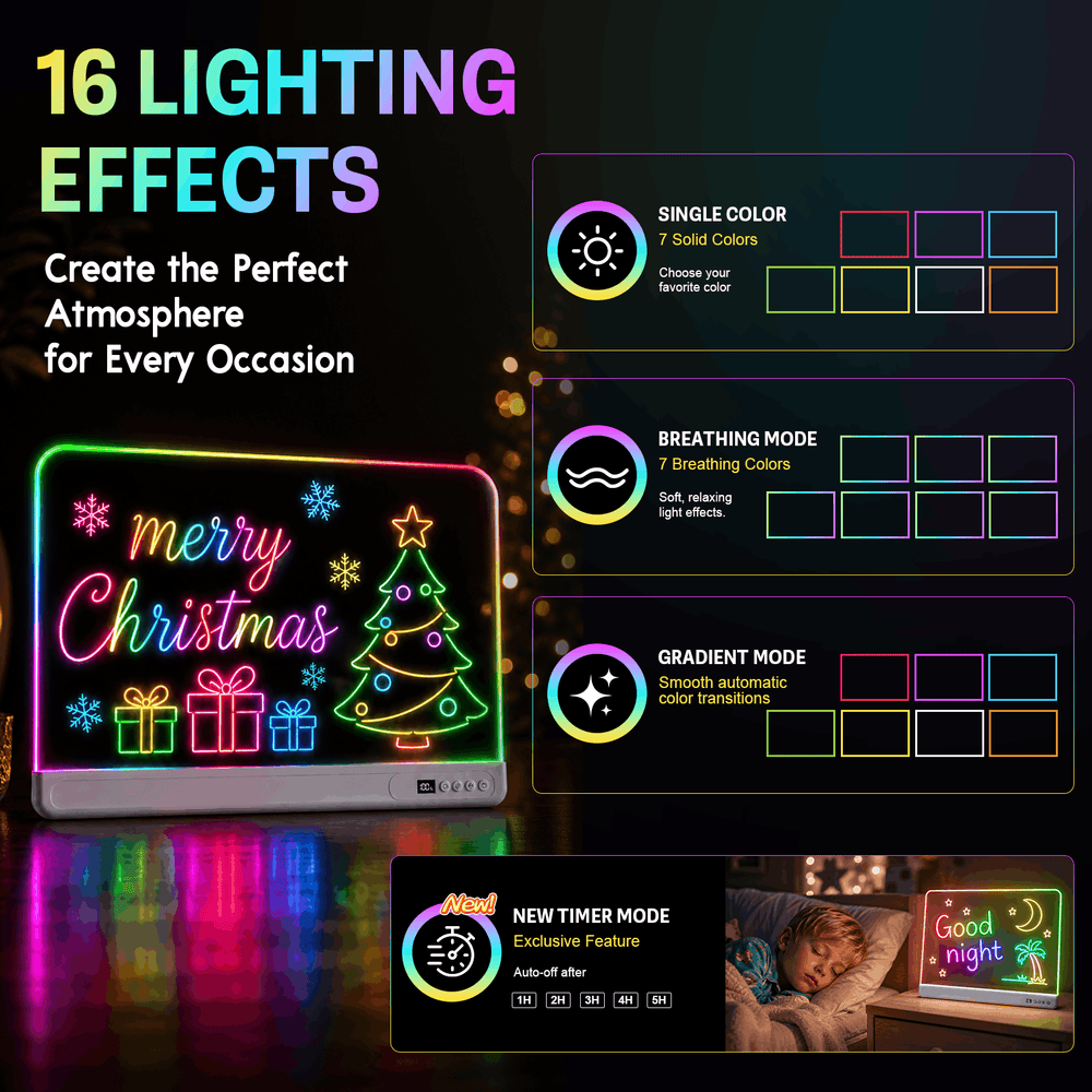 A festive LED light board shown with promotional text