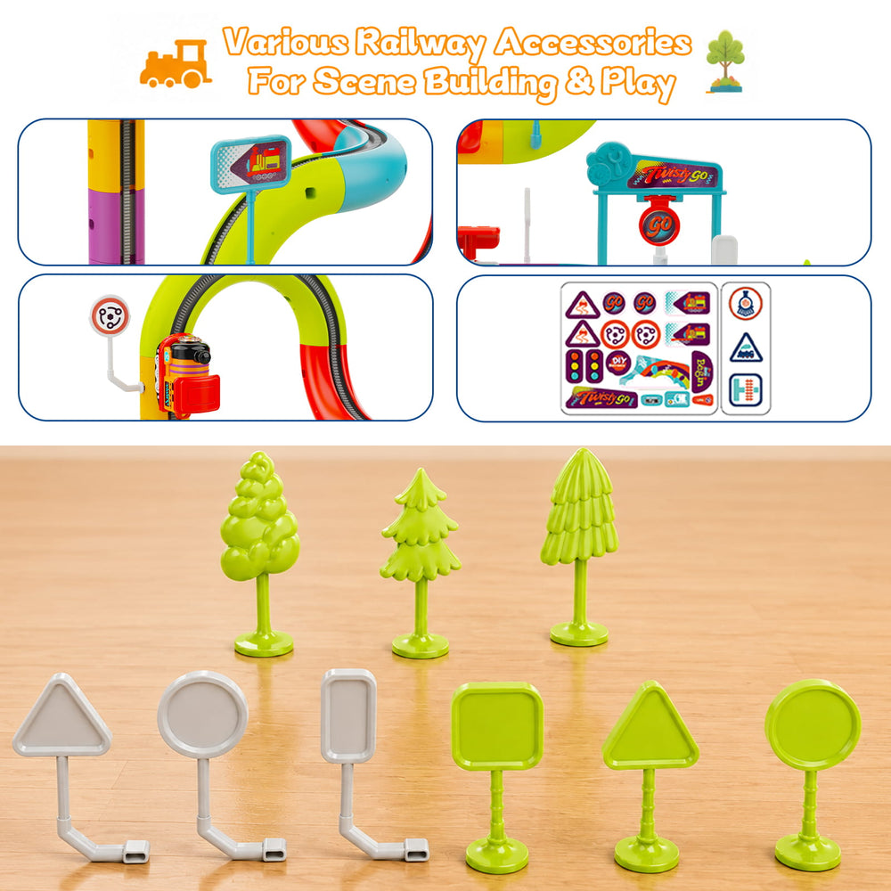 A set of colorful plastic toy railway accessories for scene building and play