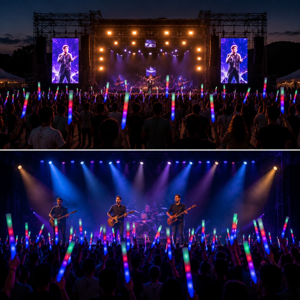 Concert crowd waving colorful LED foam glow sticks at live music show