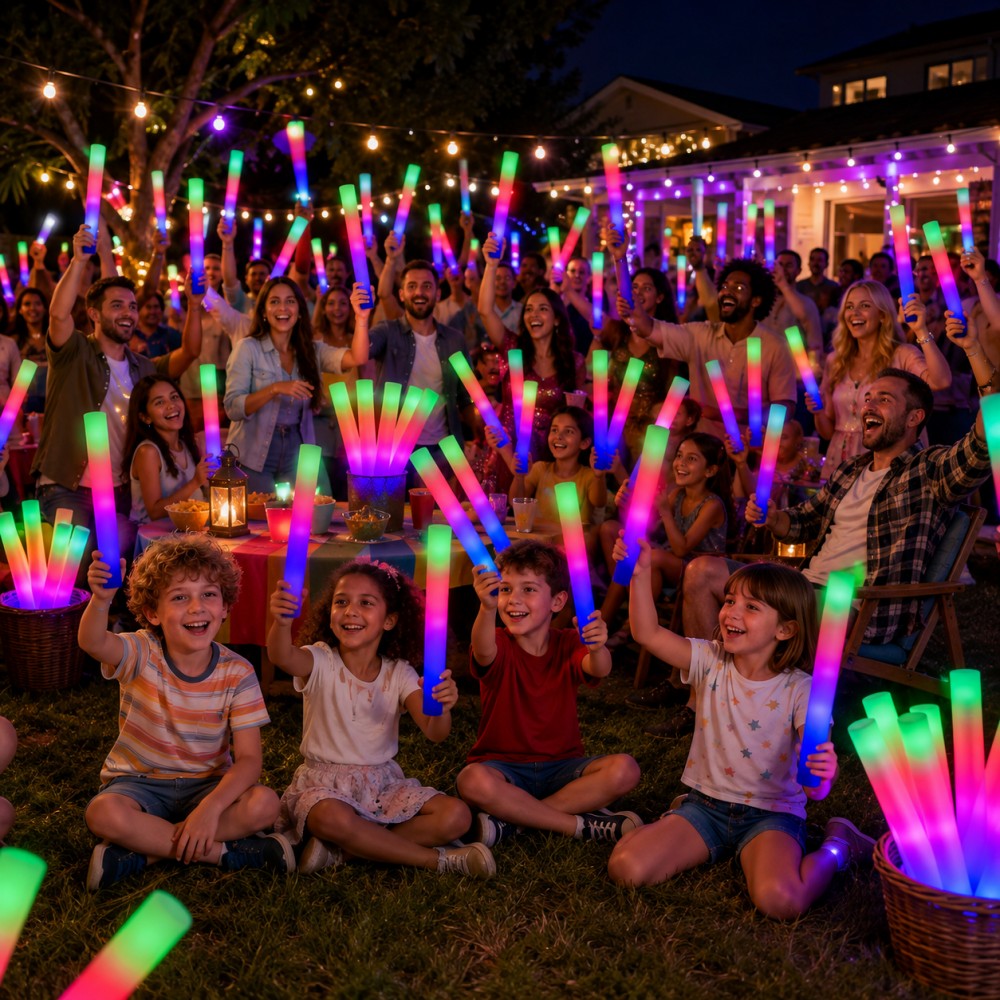 Family backyard night party with colorful LED foam glow sticks