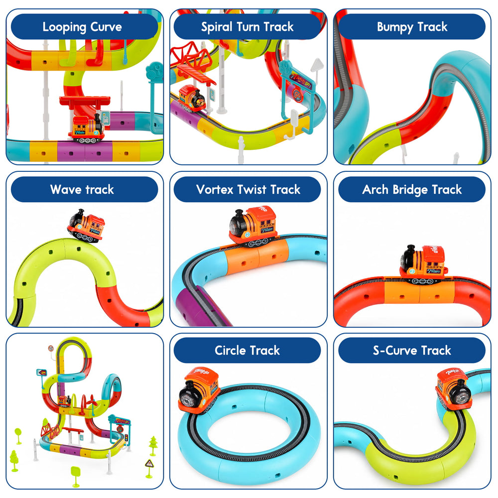 A 3x3 collage showing different toy train track configurations