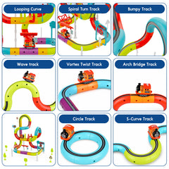 A 3x3 collage showing different toy train track configurations