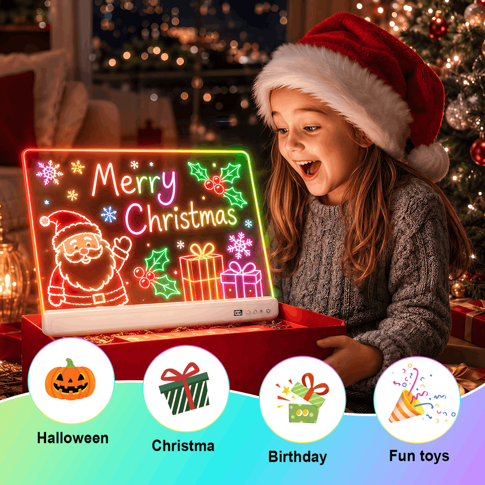 A child looks excitedly at a glowing LED light-up message board