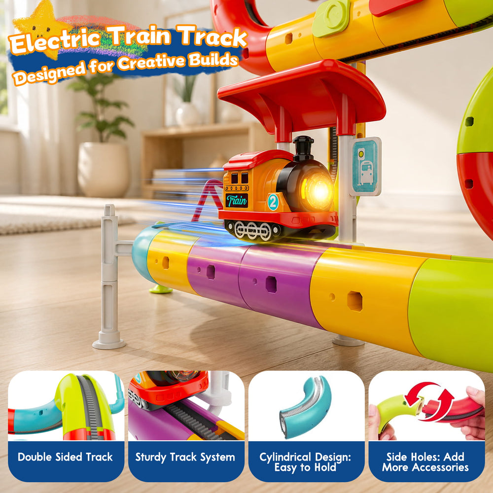 a colorful electric train track set with a small train locomotive on curved track pieces