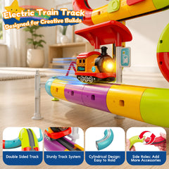 a colorful electric train track set with a small train locomotive on curved track pieces