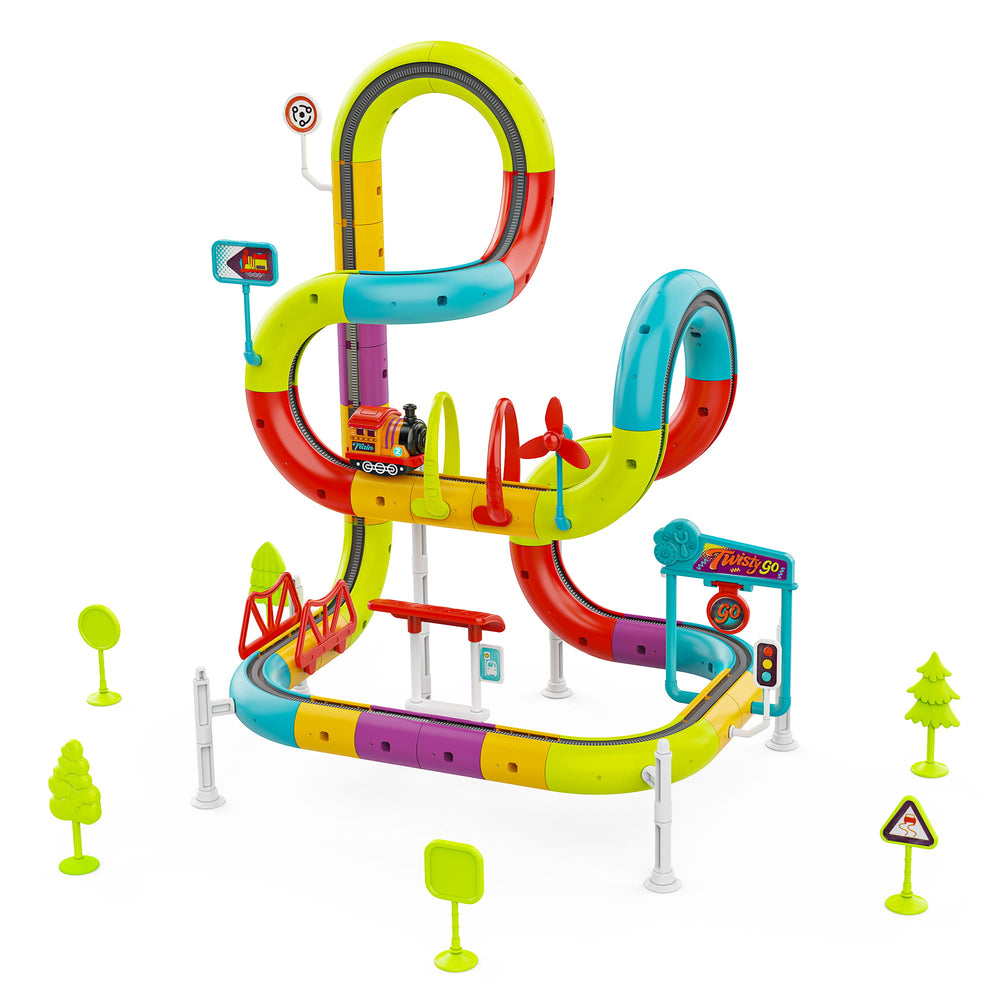 A colorful toy train track set with a winding looped track