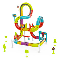 A colorful toy train track set with a winding looped track