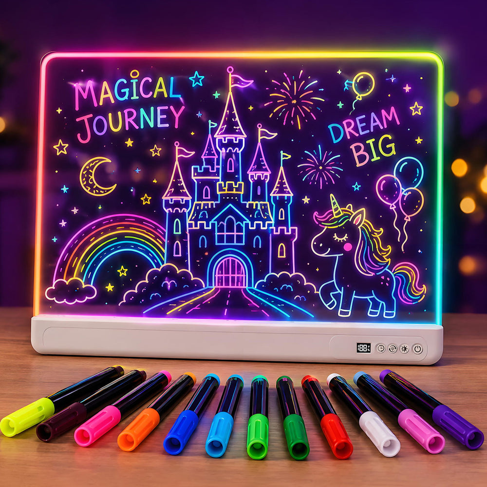 A glowing LED light-up drawing board with neon-style artwork of a castle