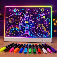 A glowing LED light-up drawing board with neon-style artwork of a castle