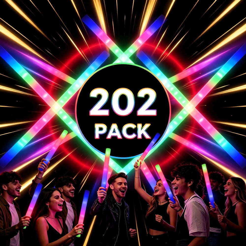 A group of young people holding glowing neon light sticks 