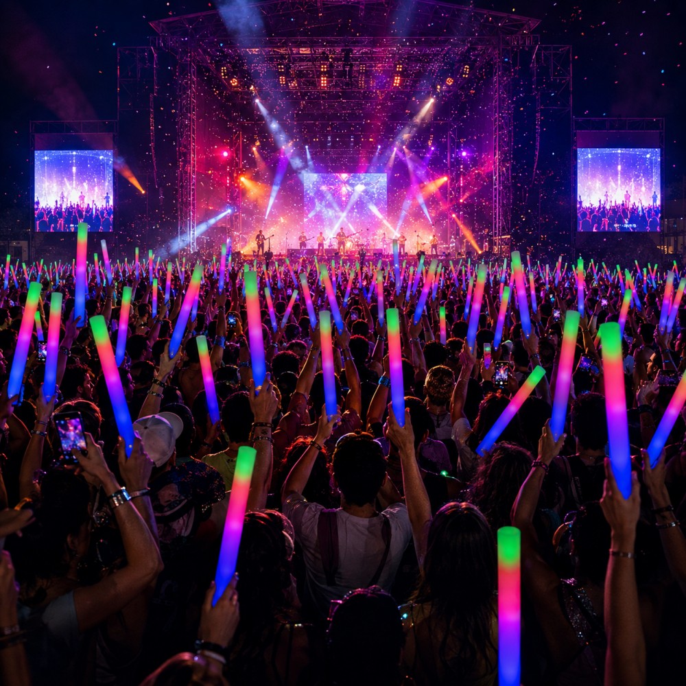 A large crowd of concert-goers holding glow stick lights