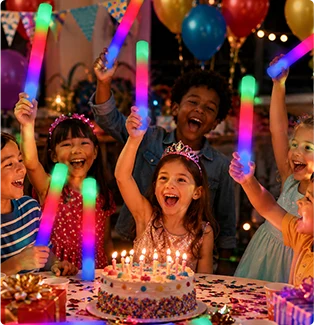 children celebrating a birthday with glowing light sticks