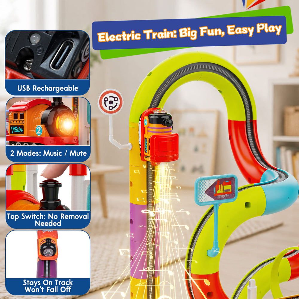 Colorful electric train toy set with a curved track,