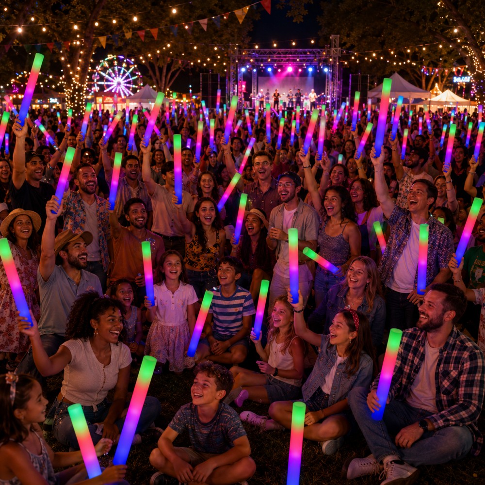 Crowd holding LED foam glow sticks at outdoor festival night event