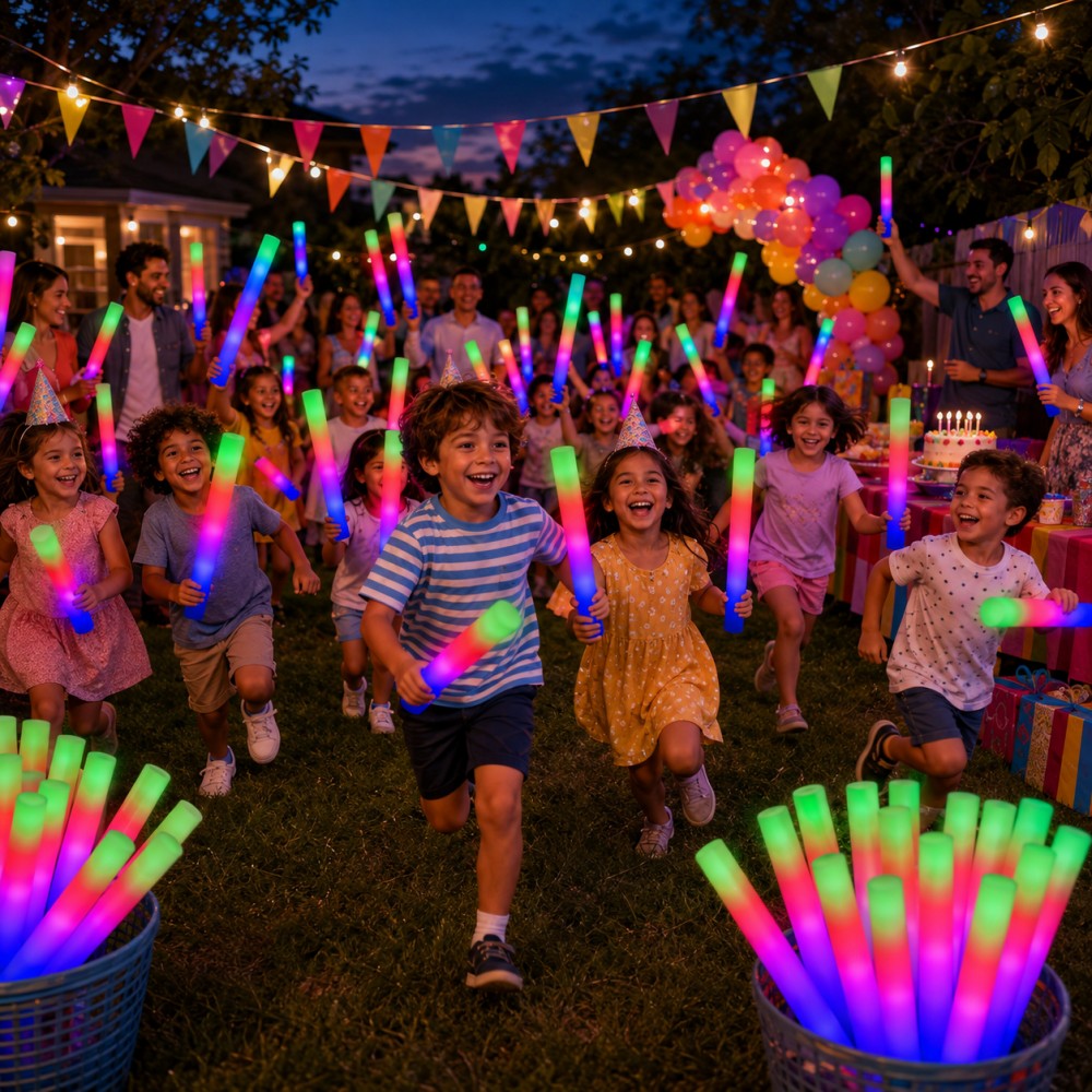 Crowd waving colorful LED foam glow sticks at outdoor music concert