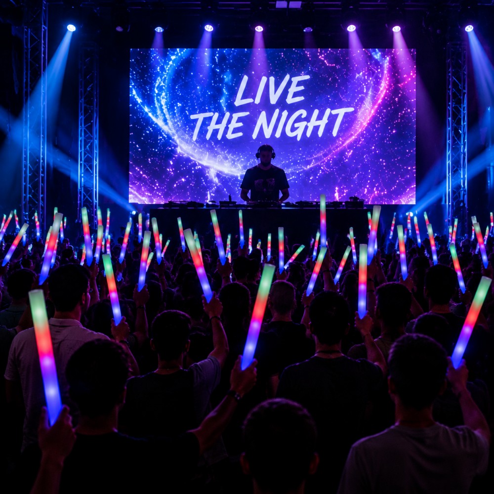 DJ concert crowd waving colorful LED foam glow sticks at night show