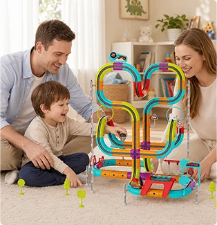 Family playing with kids race track toy set at home