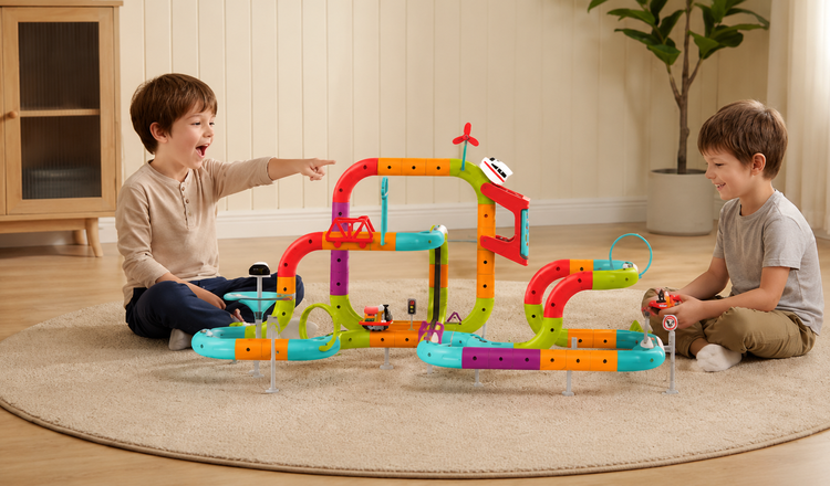 Kids play electric train track toy indoor