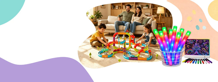 Kids toy banner with train track set, LED foam glow sticks and drawing tablet