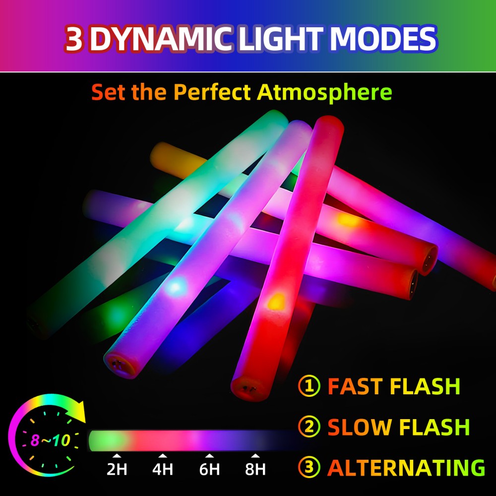 LED foam glow sticks 3 dynamic light modes infographic