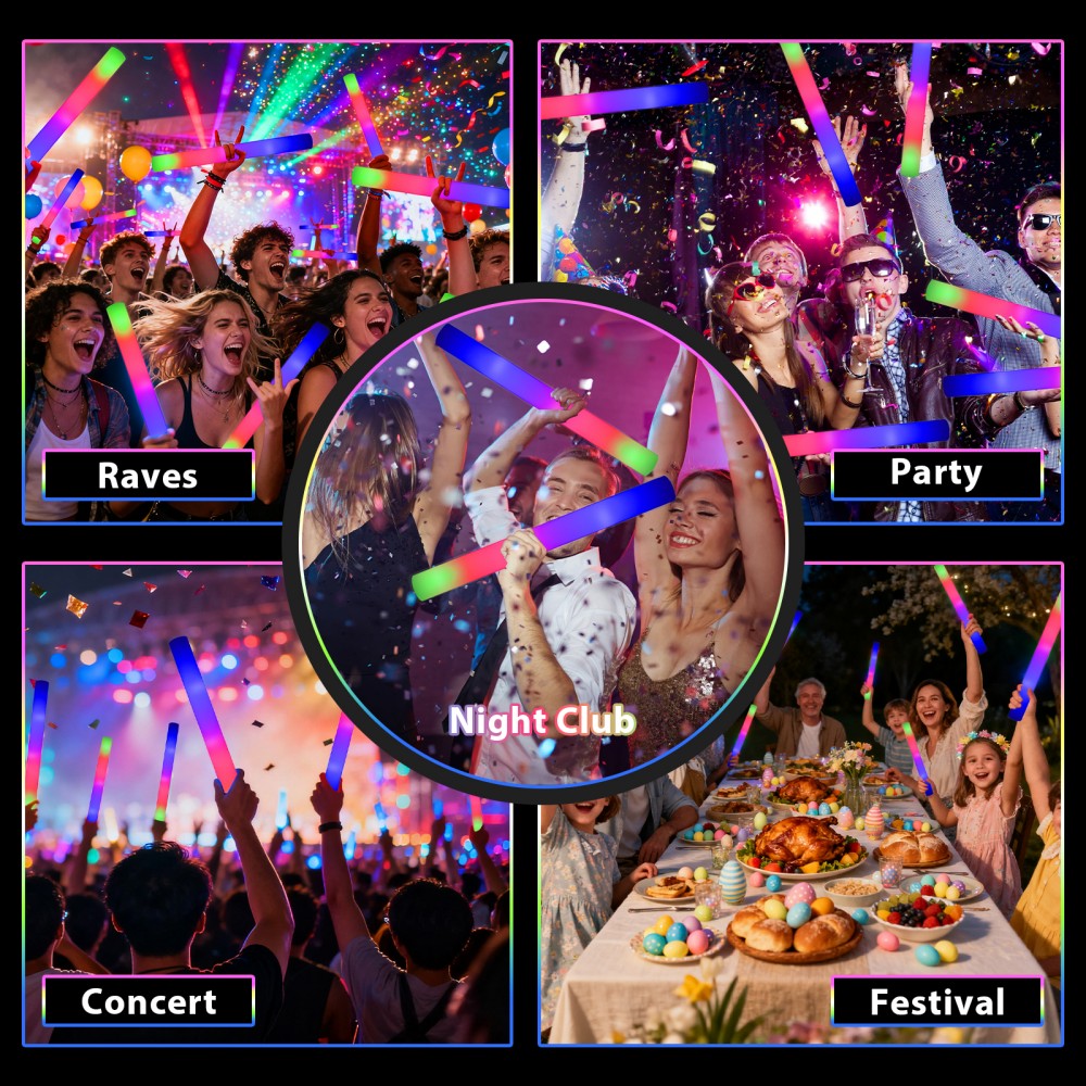 LED foam glow sticks multi‑usage occasion collage