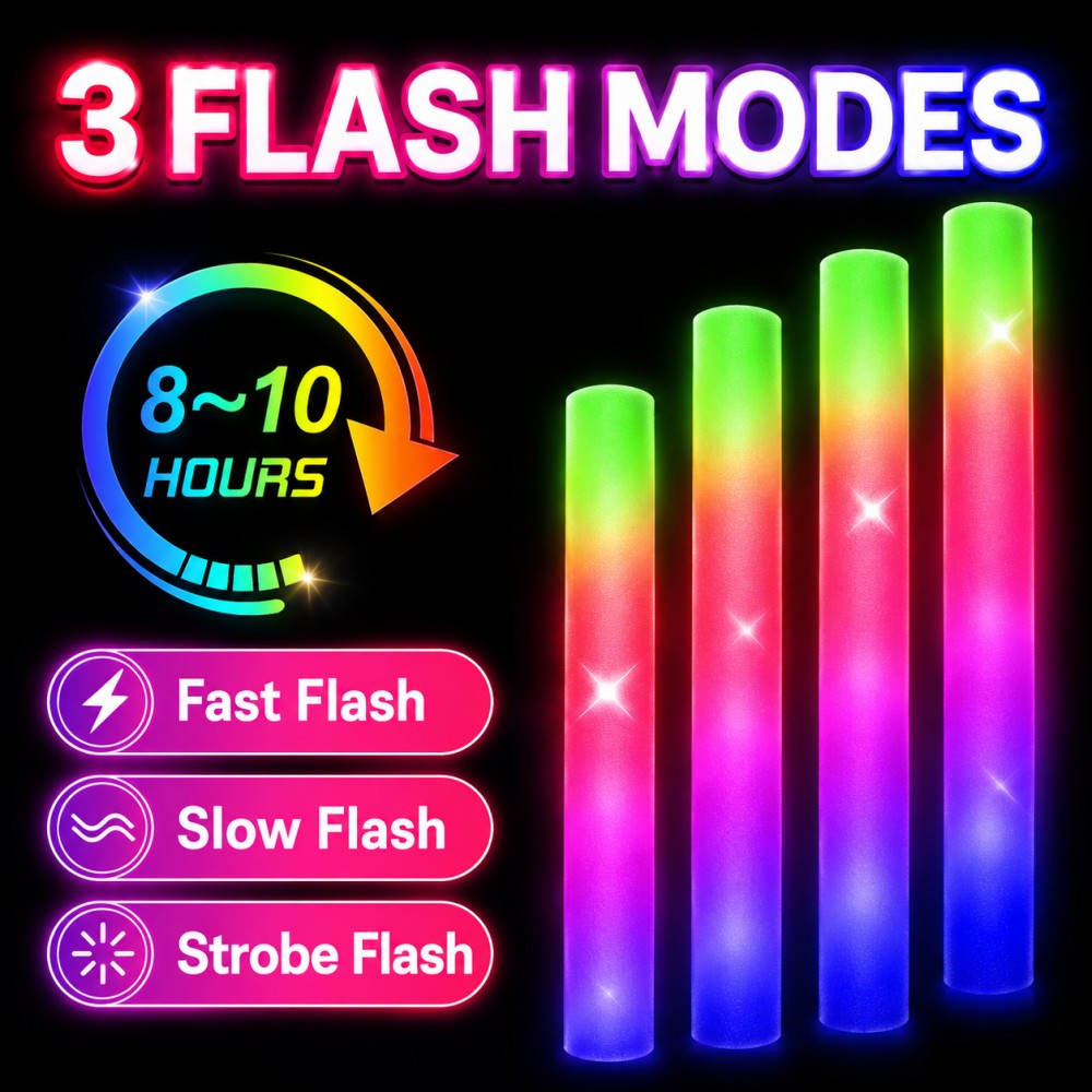 LED foam glow sticks three flash modes with 8‑10 hours runtime