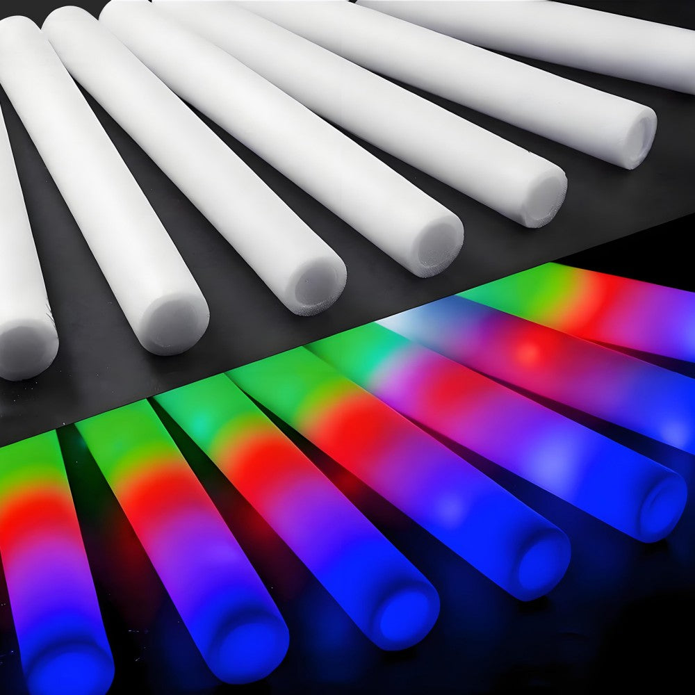 LED foam glow sticks unlit vs glowing comparison