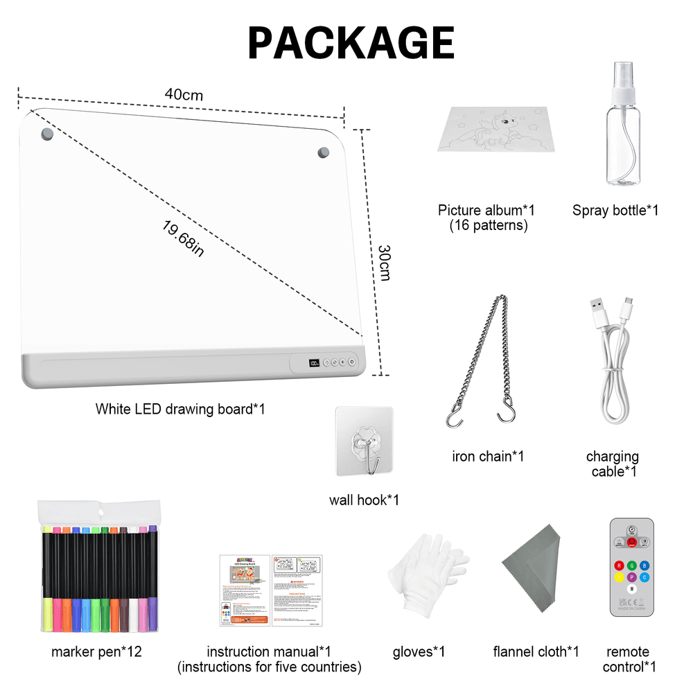 product package contents of white LED drawing board
